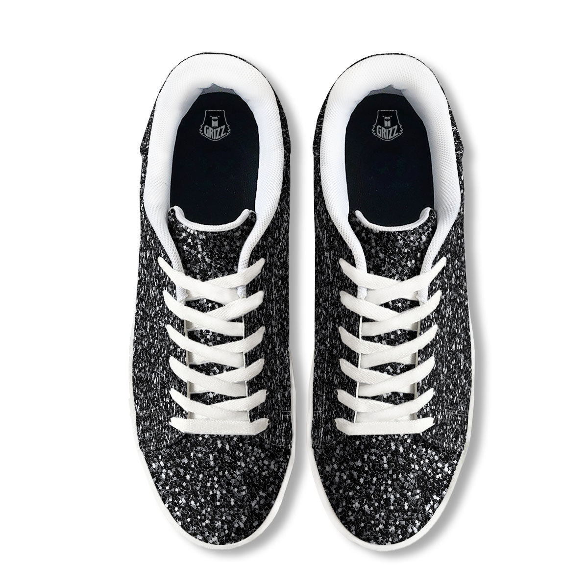 Artwork Black Glitter Print White Low Top Sneakers-grizzshop