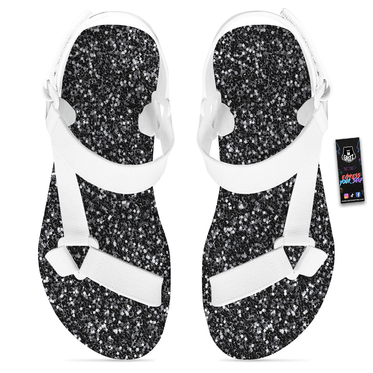 Artwork Black Glitter Print White Open Toe Sandals-grizzshop