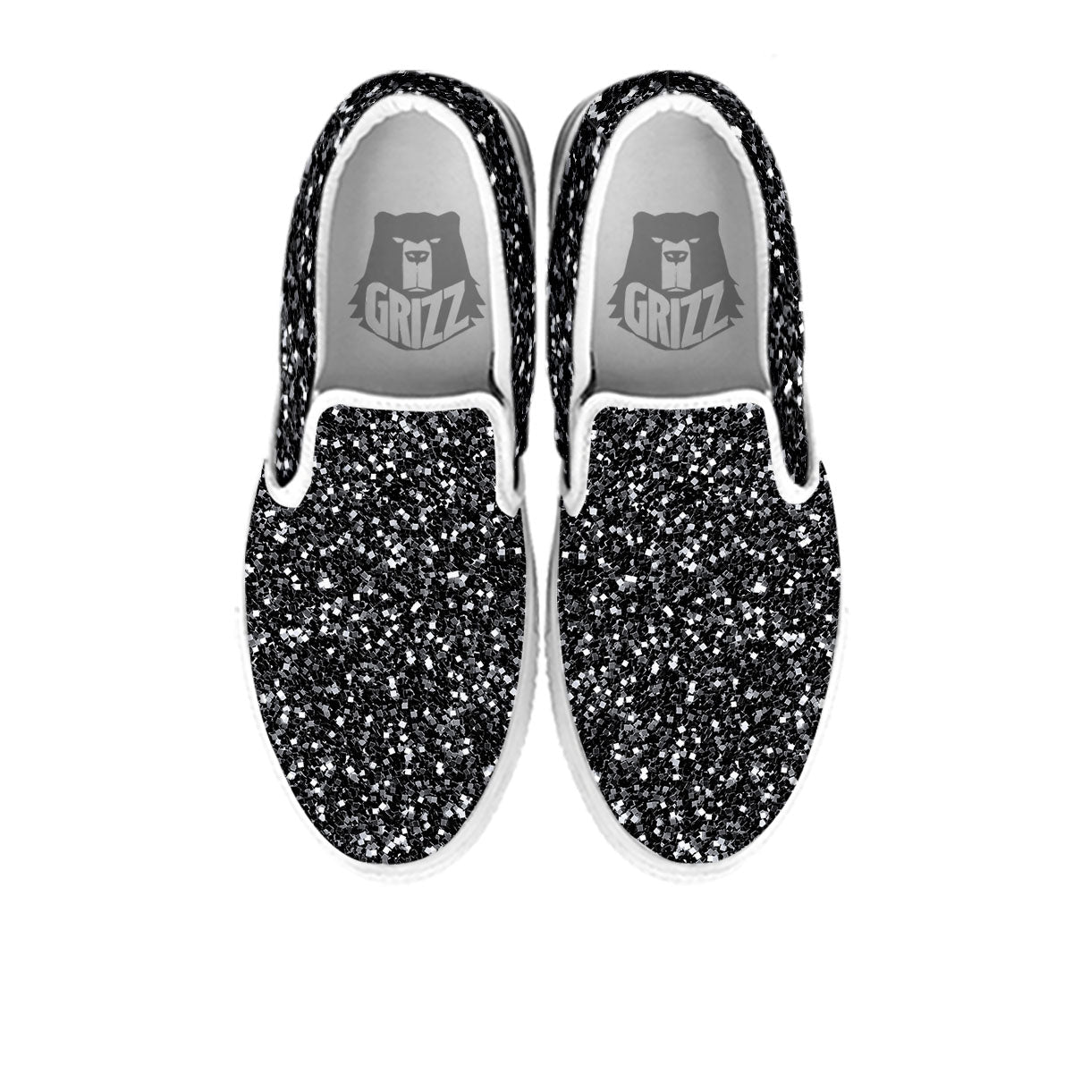 Artwork Black Glitter Print White Slip On Shoes-grizzshop