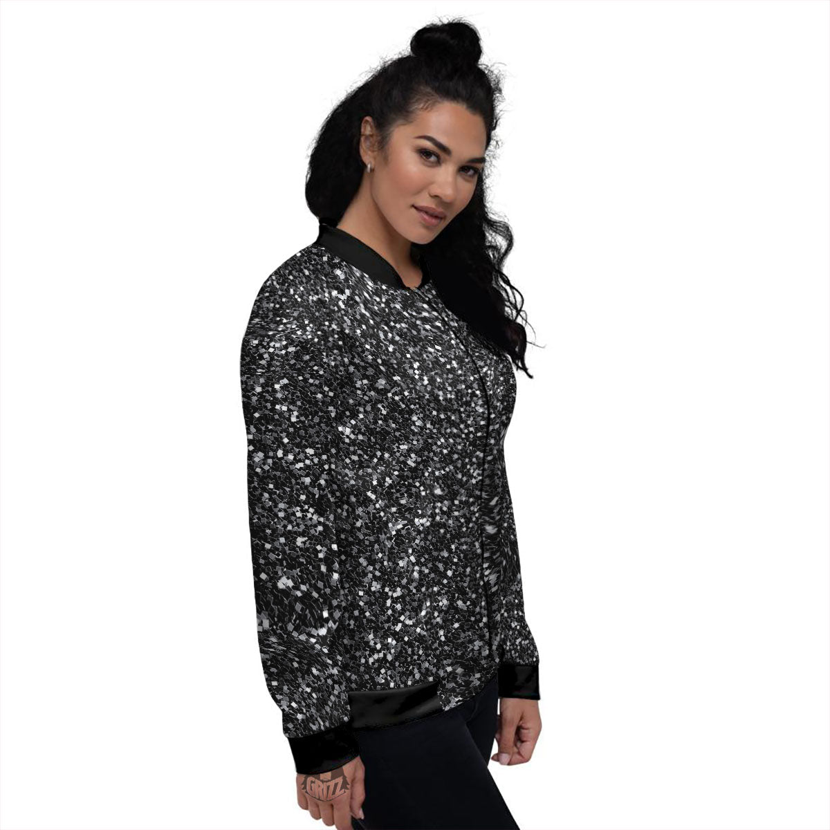 Artwork Black Glitter Print Women's Bomber Jacket-grizzshop