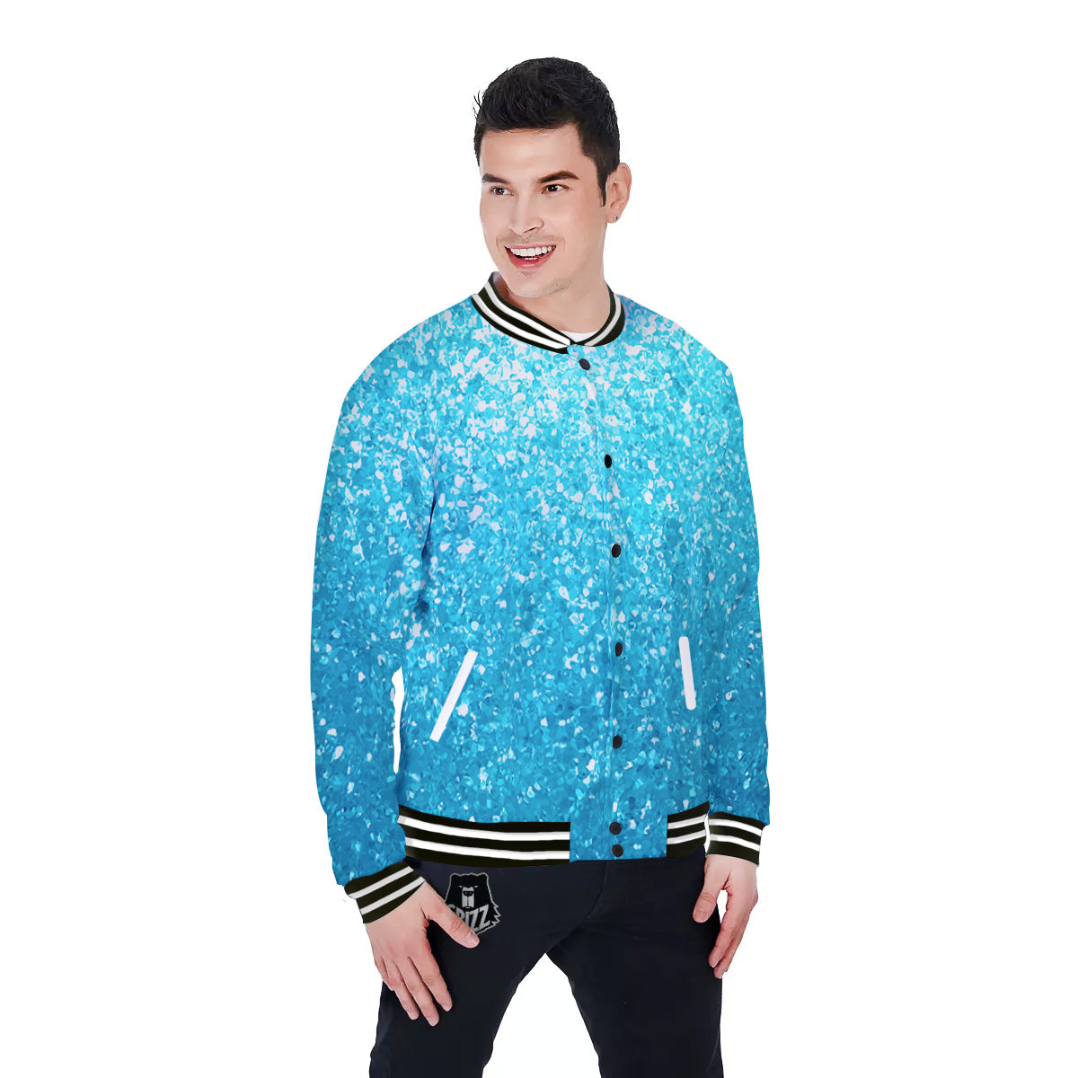 Artwork Blue Glitter Print Baseball Jacket-grizzshop