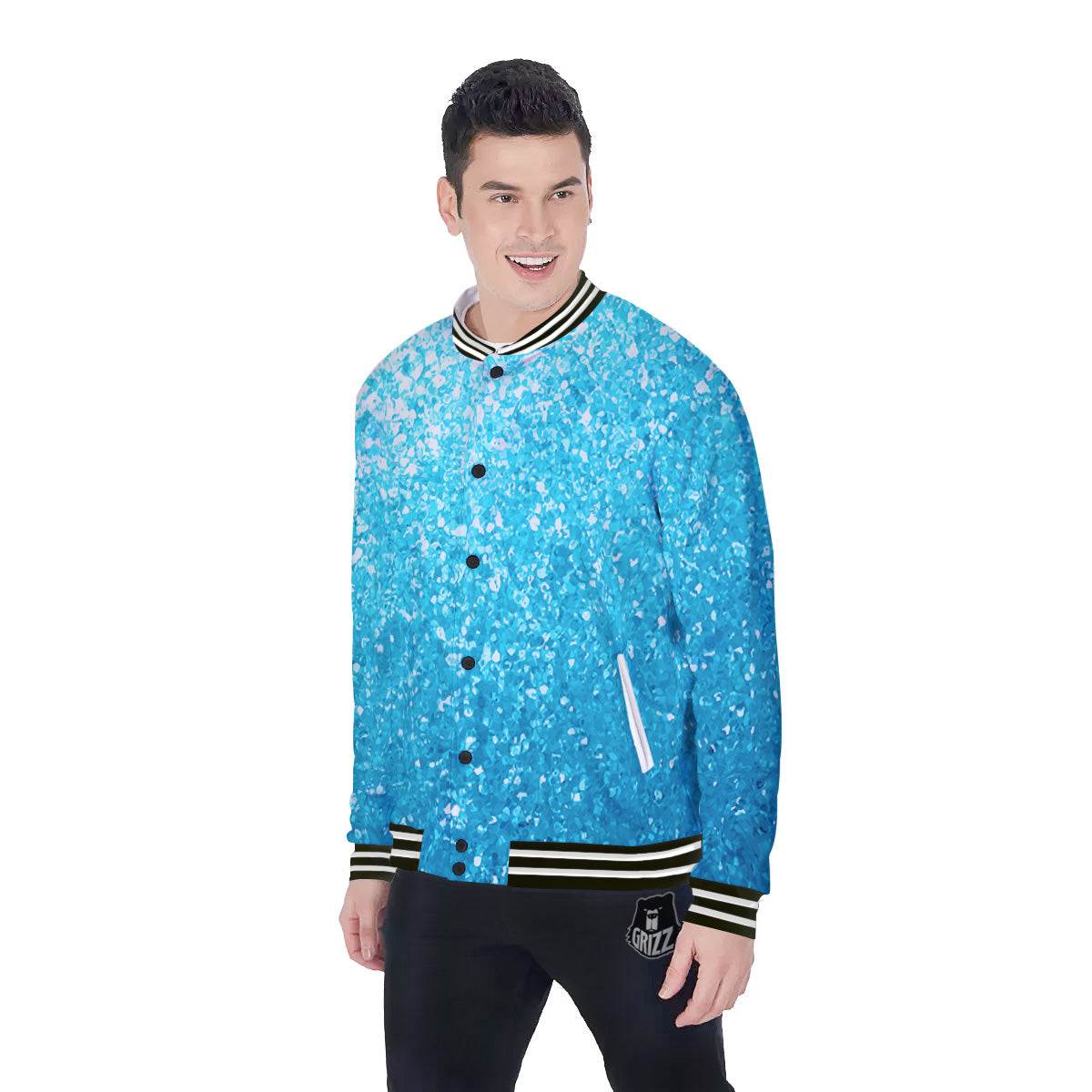 Artwork Blue Glitter Print Baseball Jacket-grizzshop