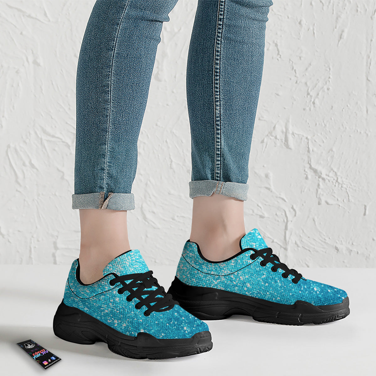 Artwork Blue Glitter Print Black Chunky Shoes-grizzshop