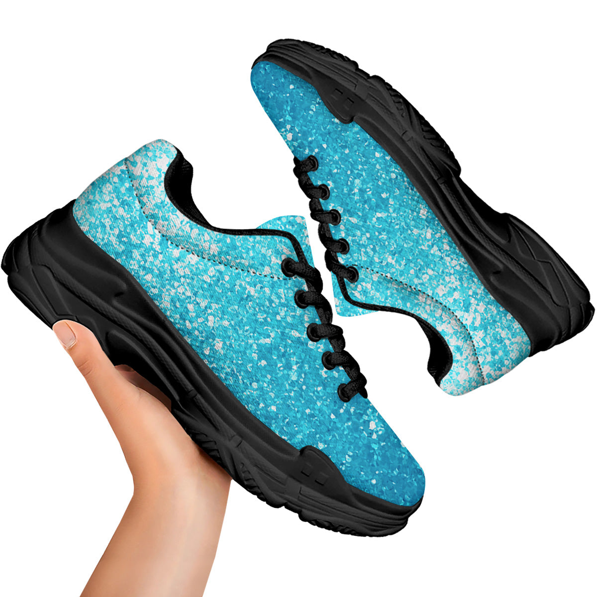 Artwork Blue Glitter Print Black Chunky Shoes-grizzshop