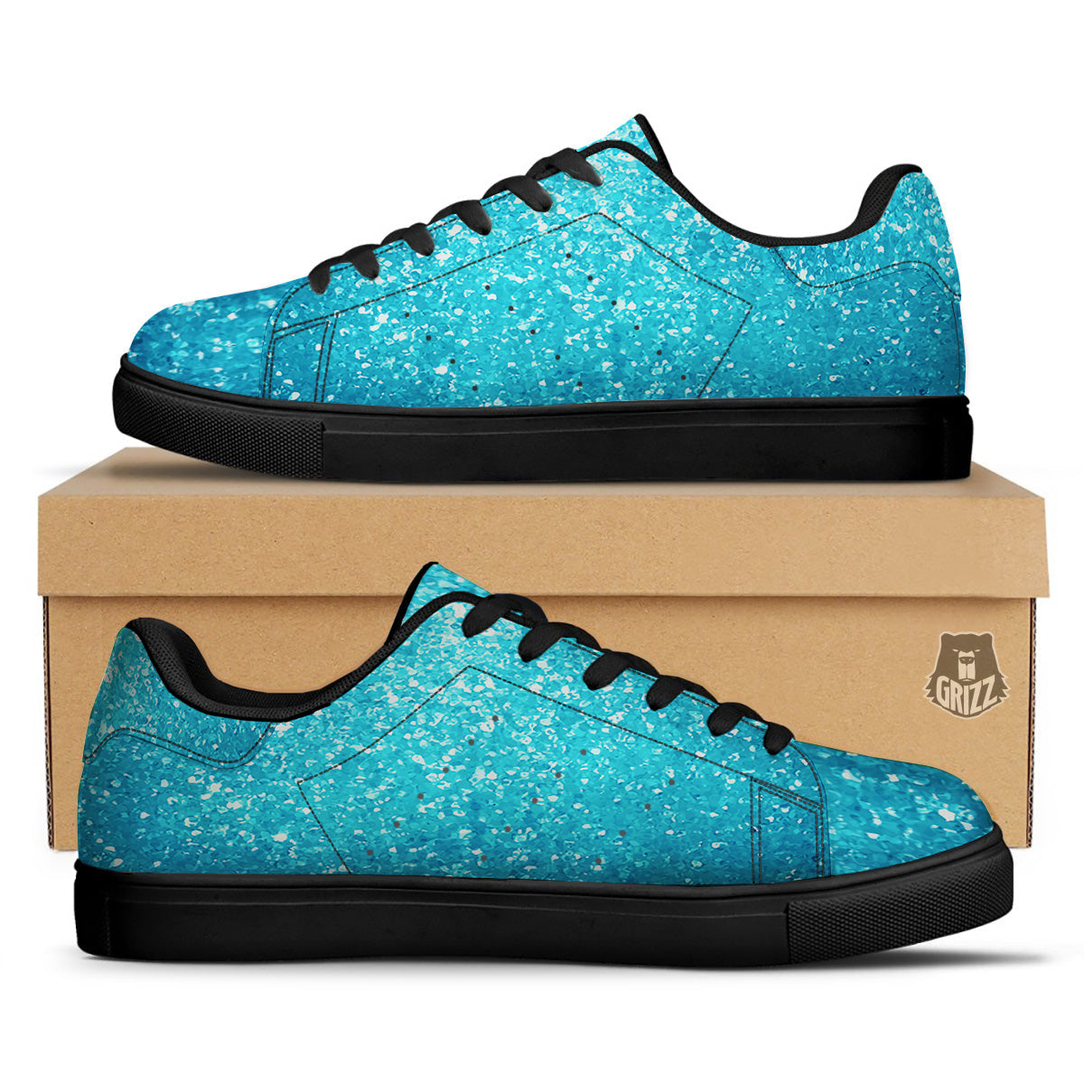 Artwork Blue Glitter Print Black Low Top Sneakers-grizzshop