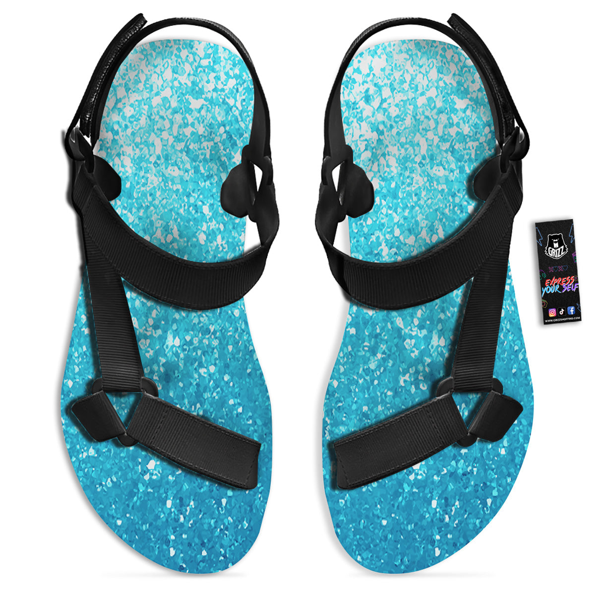 Artwork Blue Glitter Print Black Open Toe Sandals-grizzshop