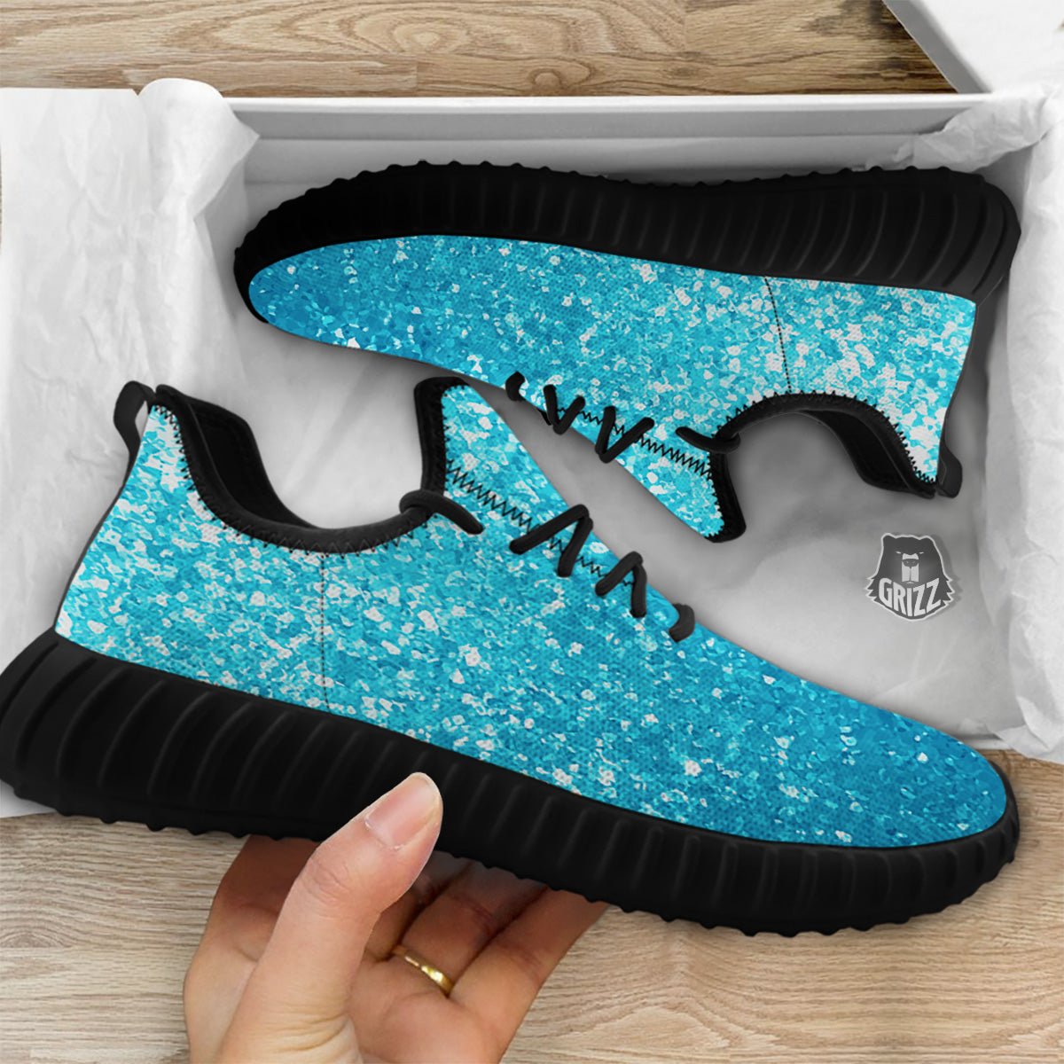 Artwork Blue Glitter Print Black Walking Shoes-grizzshop