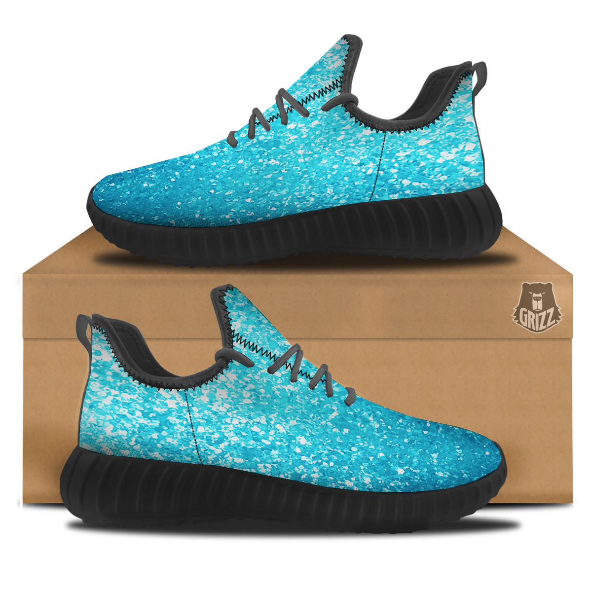 Artwork Blue Glitter Print Black Walking Shoes-grizzshop
