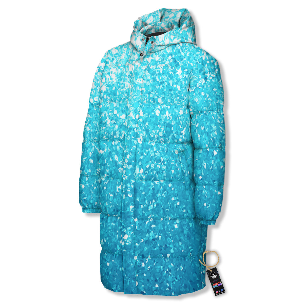 Artwork Blue Glitter Print Long Down Jacket-grizzshop