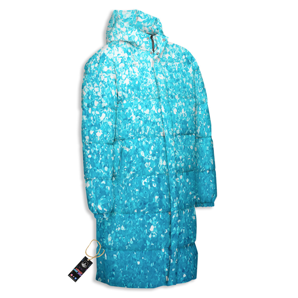 Artwork Blue Glitter Print Long Down Jacket-grizzshop