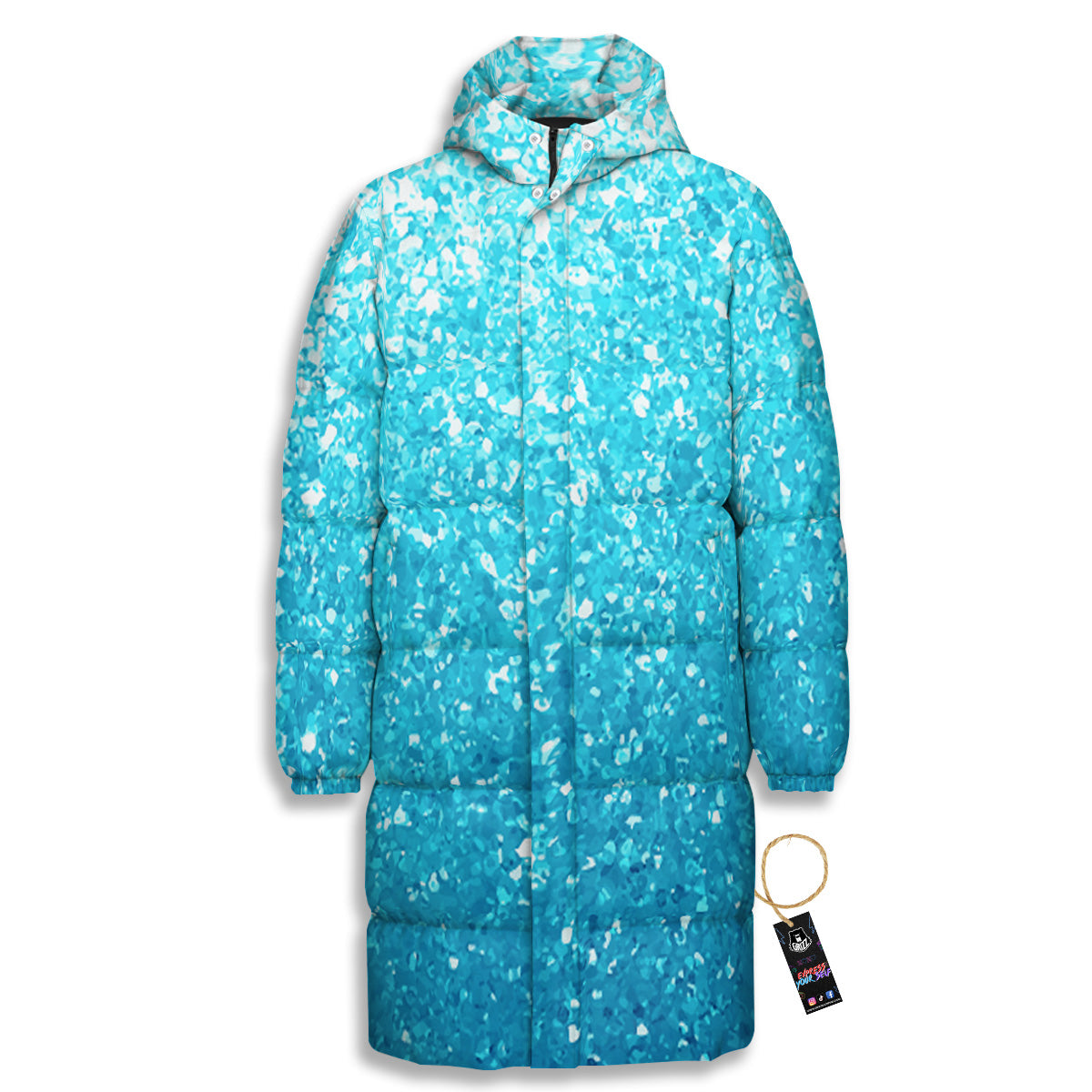 Artwork Blue Glitter Print Long Down Jacket-grizzshop