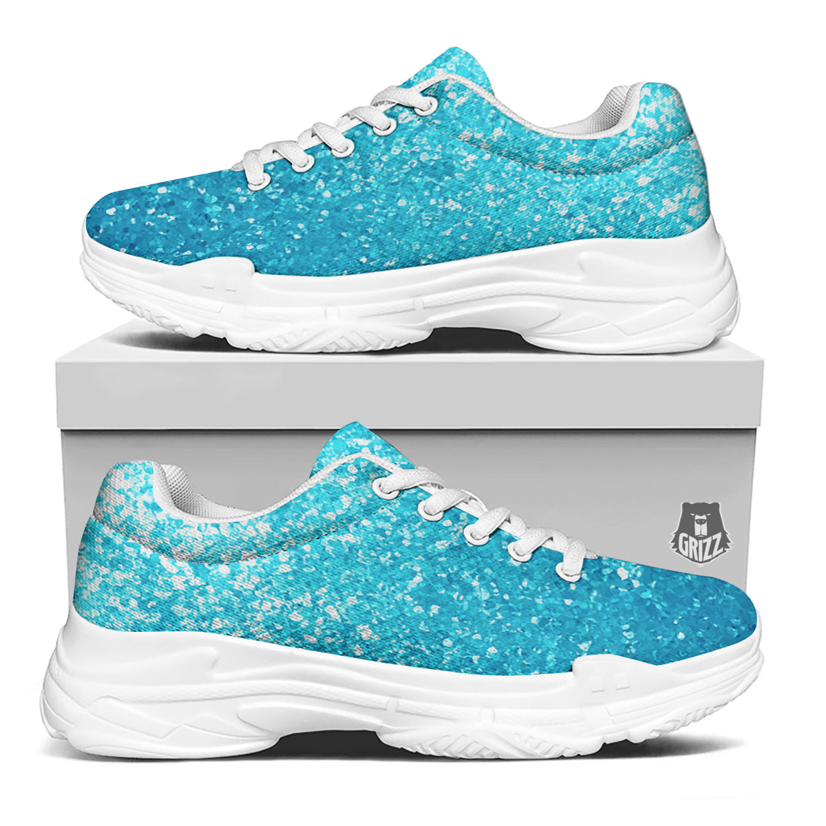 Artwork Blue Glitter Print White Chunky Shoes-grizzshop