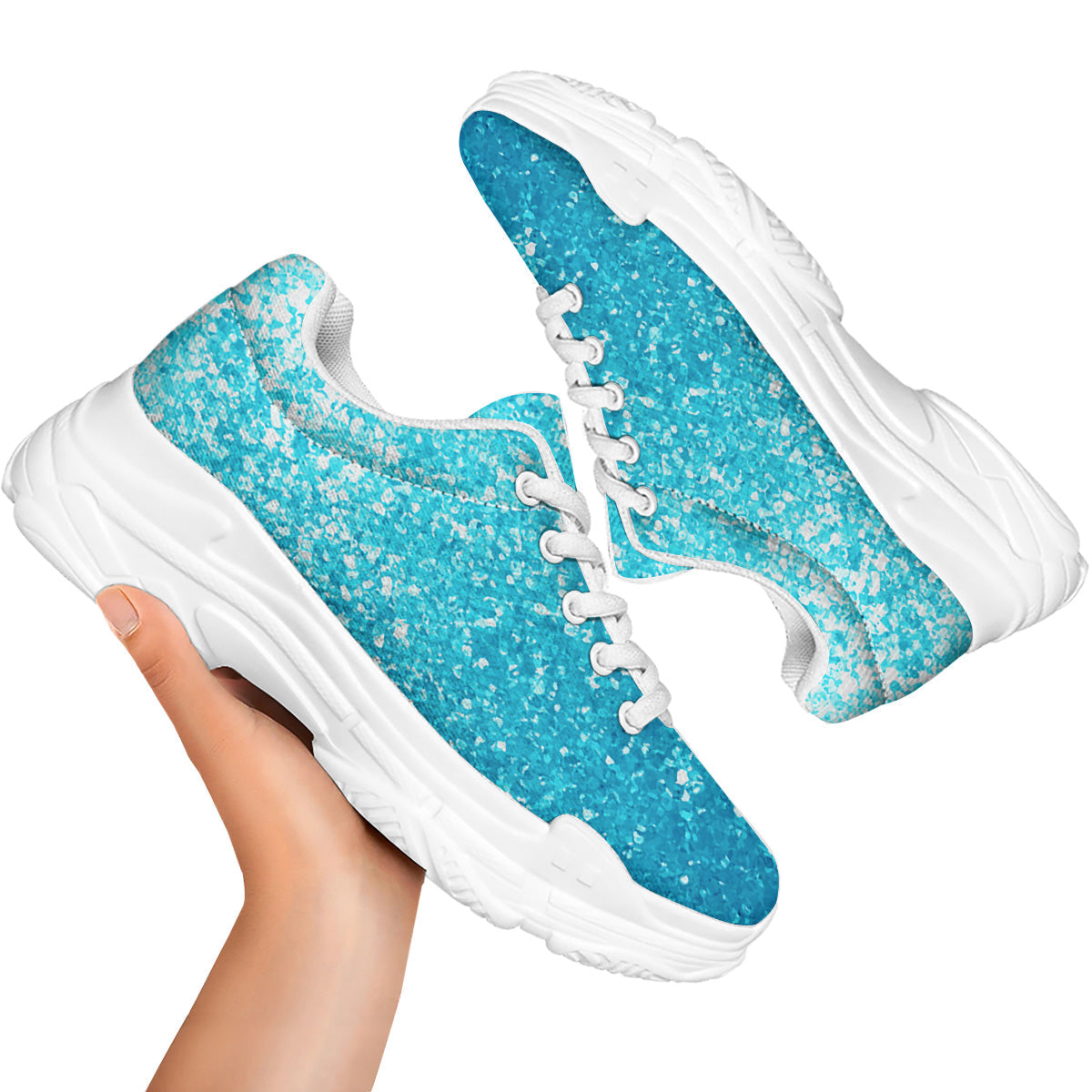 Artwork Blue Glitter Print White Chunky Shoes-grizzshop