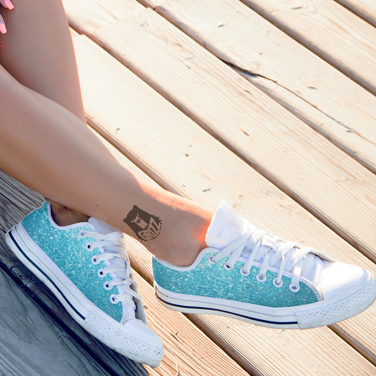 Artwork Blue Glitter Print White Low Top Shoes-grizzshop