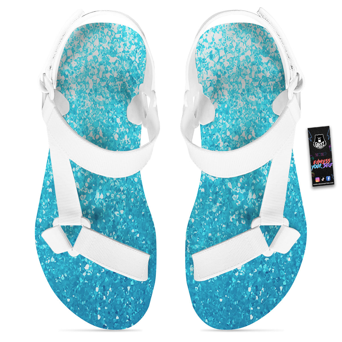 Artwork Blue Glitter Print White Open Toe Sandals-grizzshop