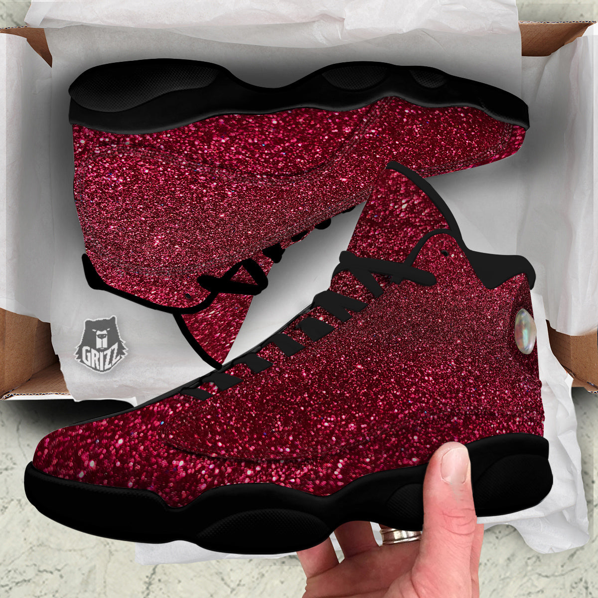 Artwork Burgundy Glitter Print Black Basketball Shoes-grizzshop