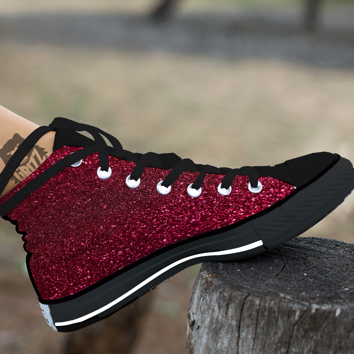Artwork Burgundy Glitter Print Black High Top Shoes-grizzshop