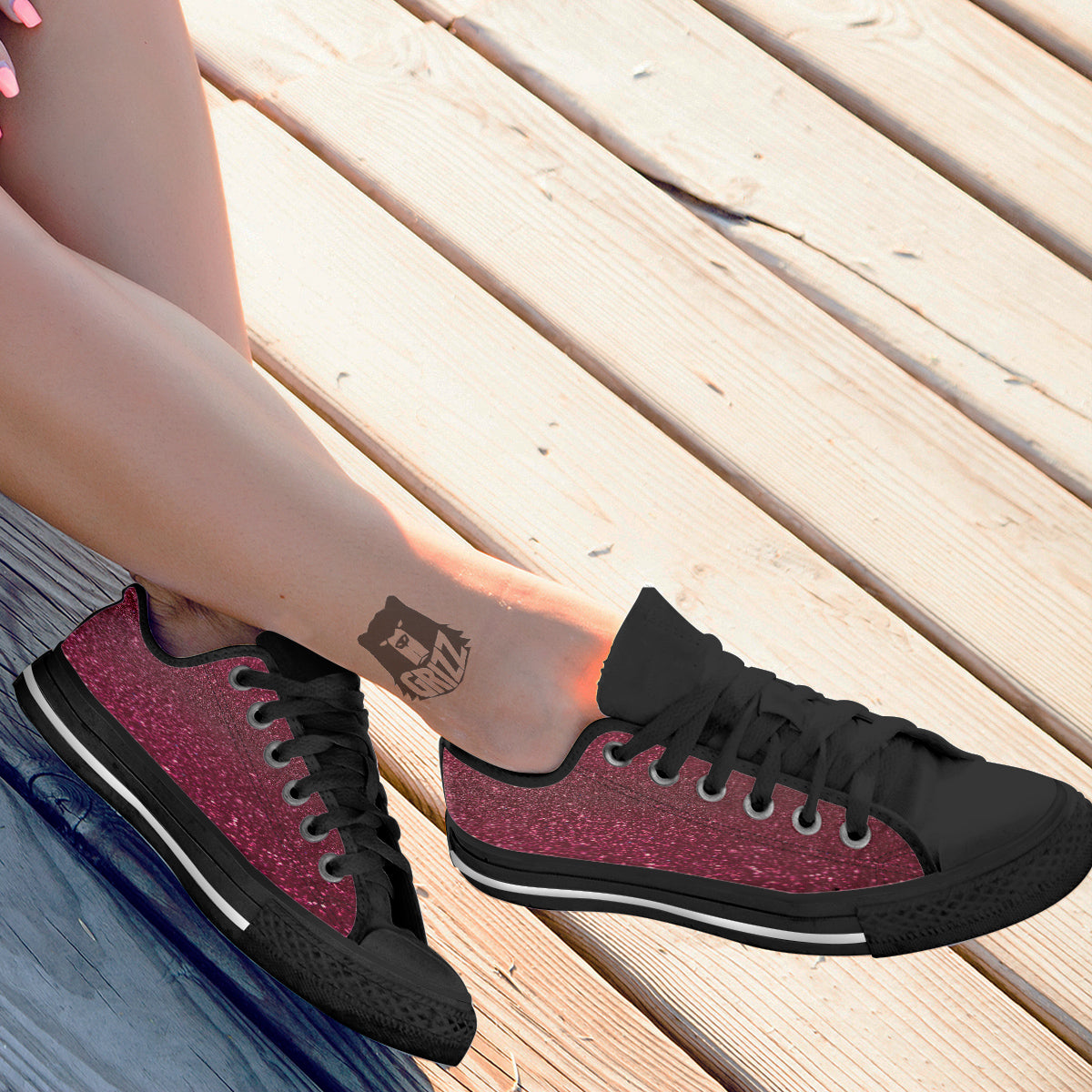 Artwork Burgundy Glitter Print Black Low Top Shoes-grizzshop