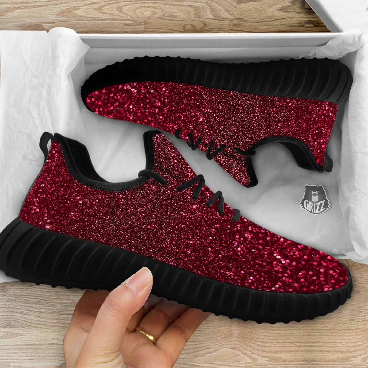 Artwork Burgundy Glitter Print Black Walking Shoes-grizzshop