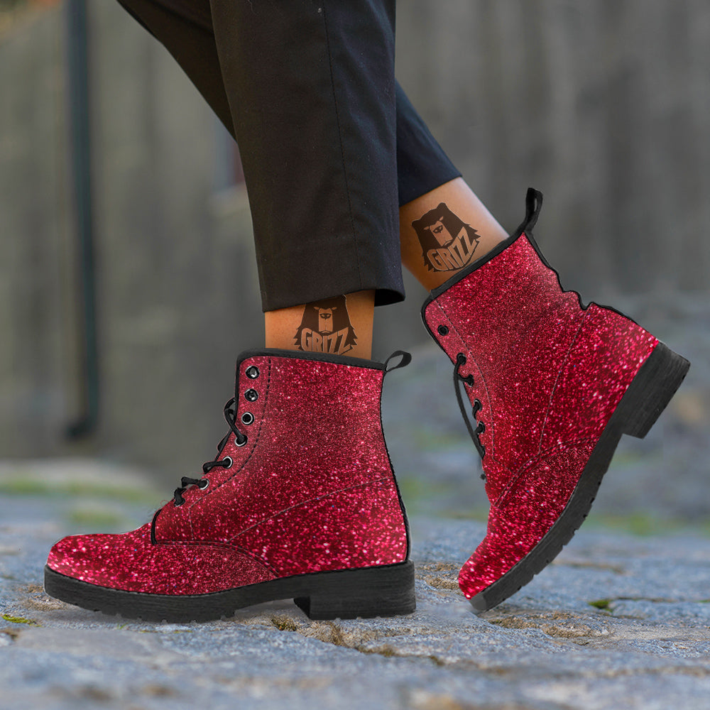 Artwork Burgundy Glitter Print Leather Boots-grizzshop