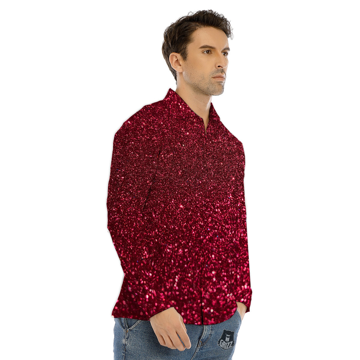 Artwork Burgundy Glitter Print Men's Dress Shirts-grizzshop