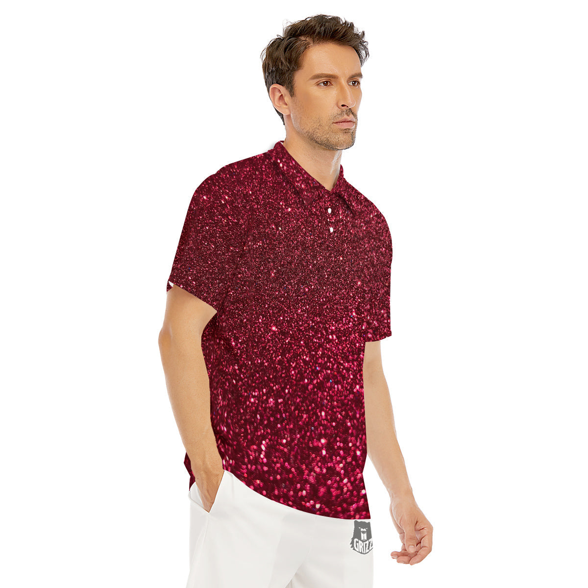 Artwork Burgundy Glitter Print Men's Golf Shirts-grizzshop