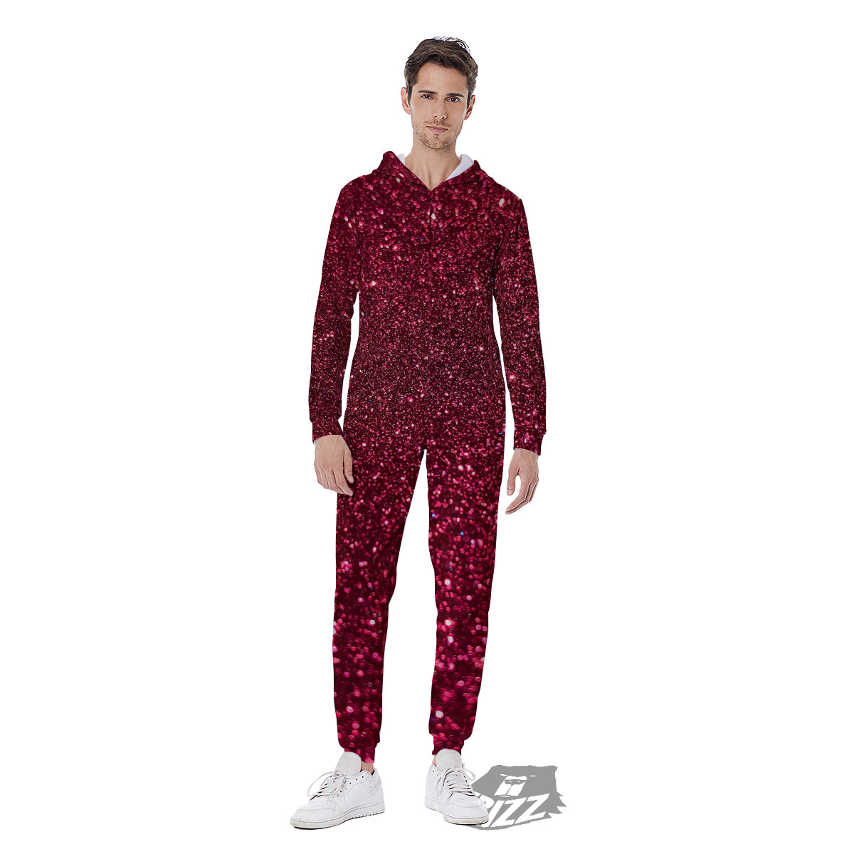 Artwork Burgundy Glitter Print Men's Jumpsuit-grizzshop