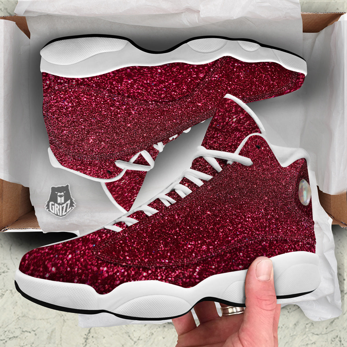 Artwork Burgundy Glitter Print White Basketball Shoes-grizzshop