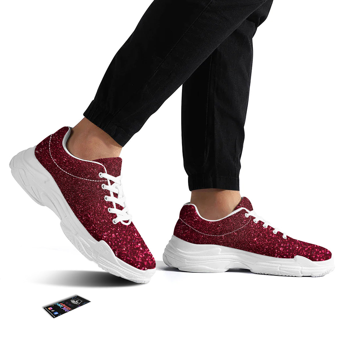 Artwork Burgundy Glitter Print White Chunky Shoes-grizzshop
