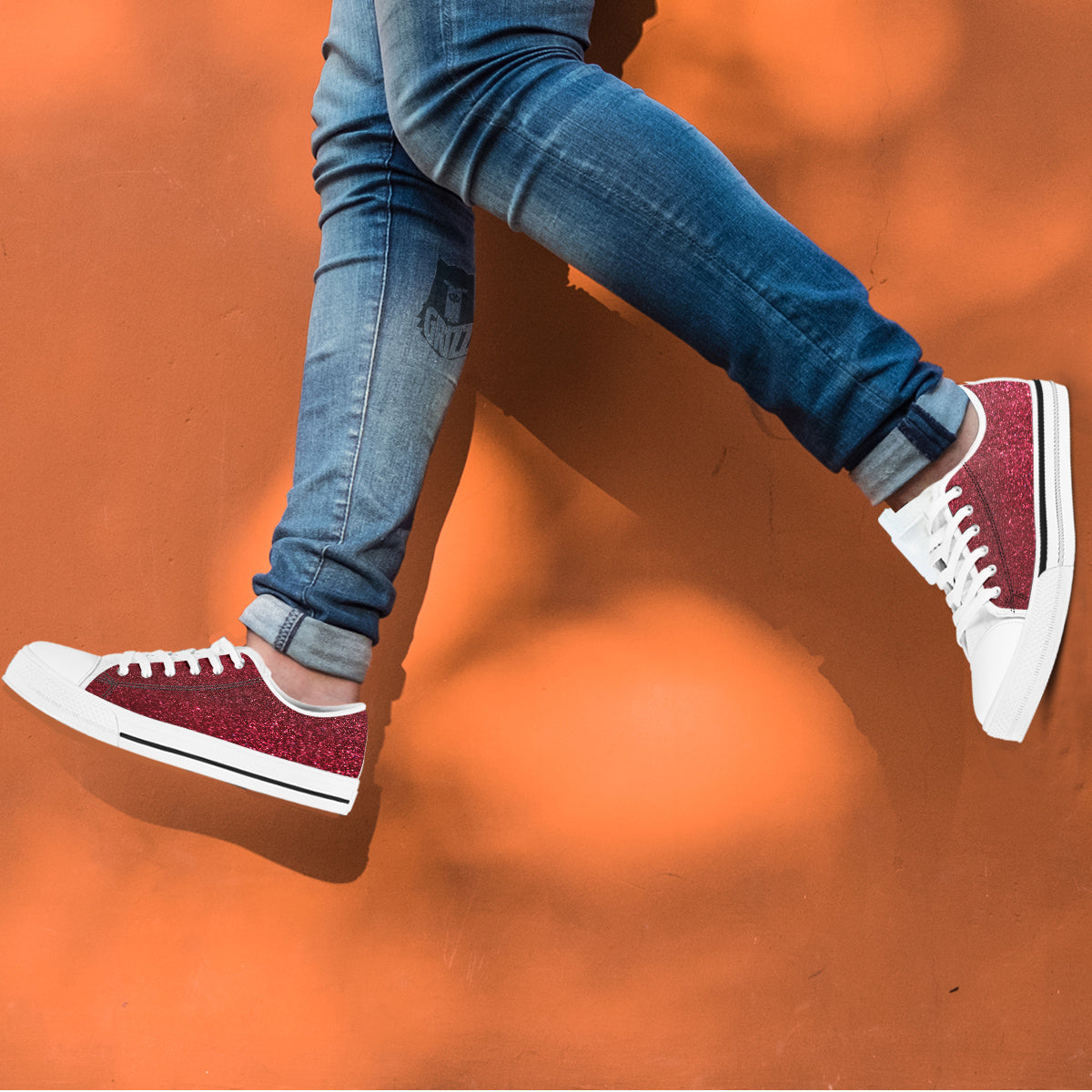 Artwork Burgundy Glitter Print White Low Top Shoes-grizzshop