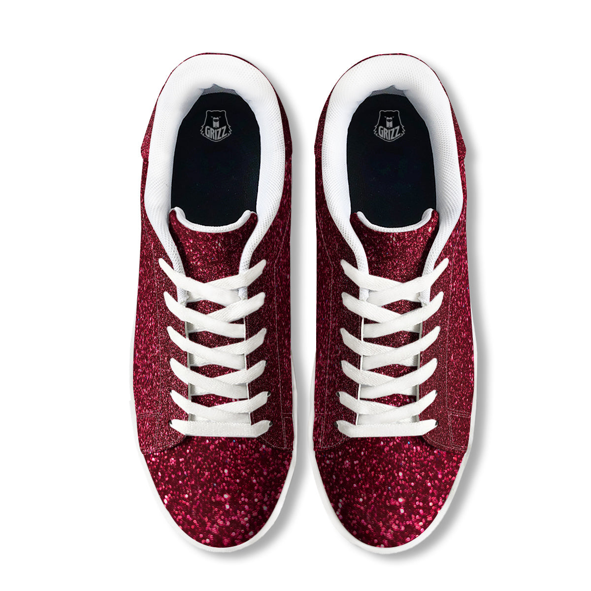 Artwork Burgundy Glitter Print White Low Top Sneakers-grizzshop