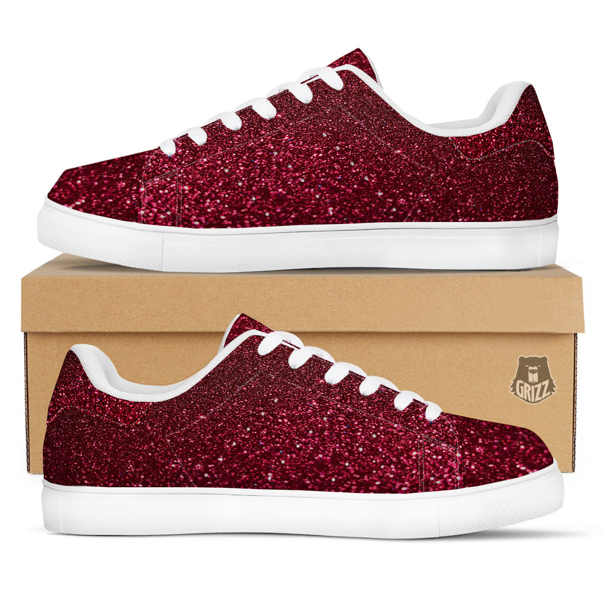 Artwork Burgundy Glitter Print White Low Top Sneakers-grizzshop
