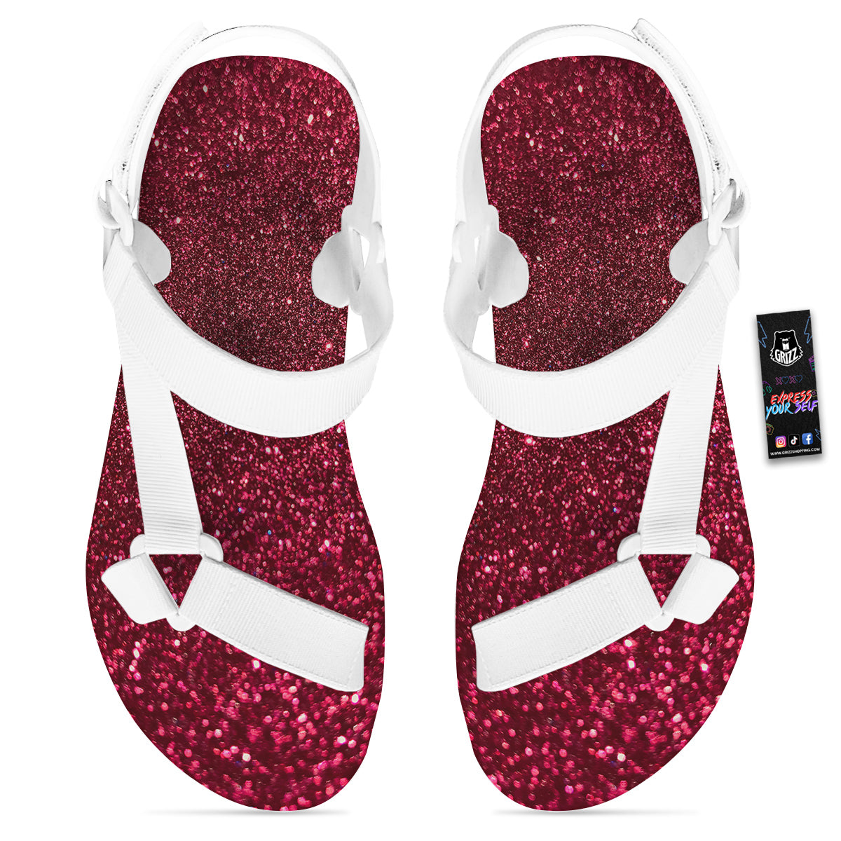 Artwork Burgundy Glitter Print White Open Toe Sandals-grizzshop