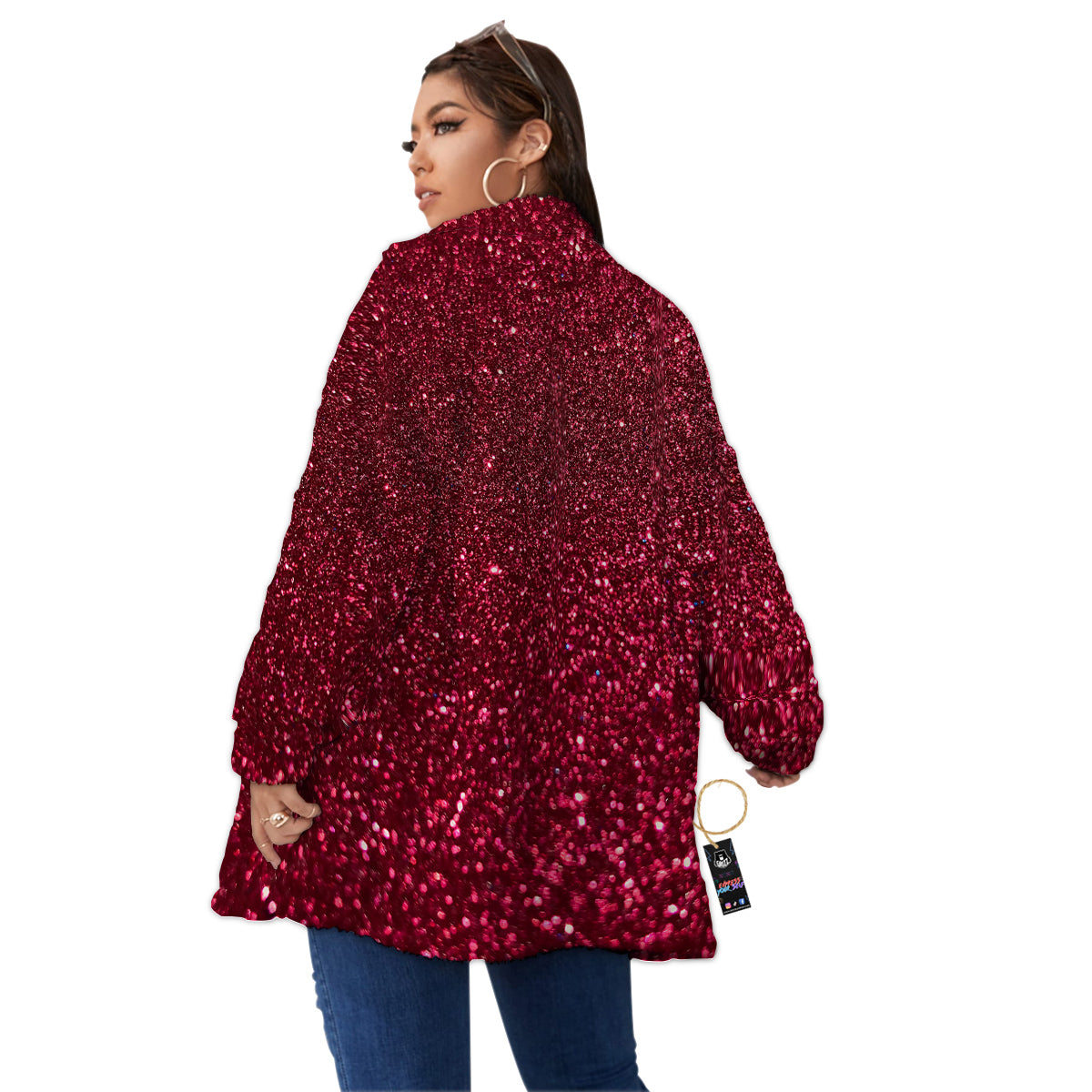 Artwork Burgundy Glitter Print Women's Sherpa Jacket-grizzshop