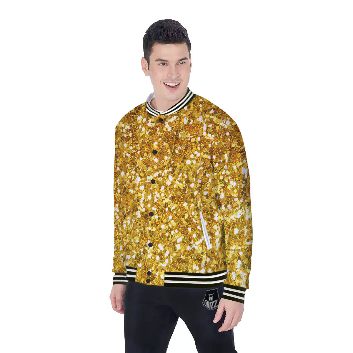 Artwork Glitter Gold Print Baseball Jacket-grizzshop