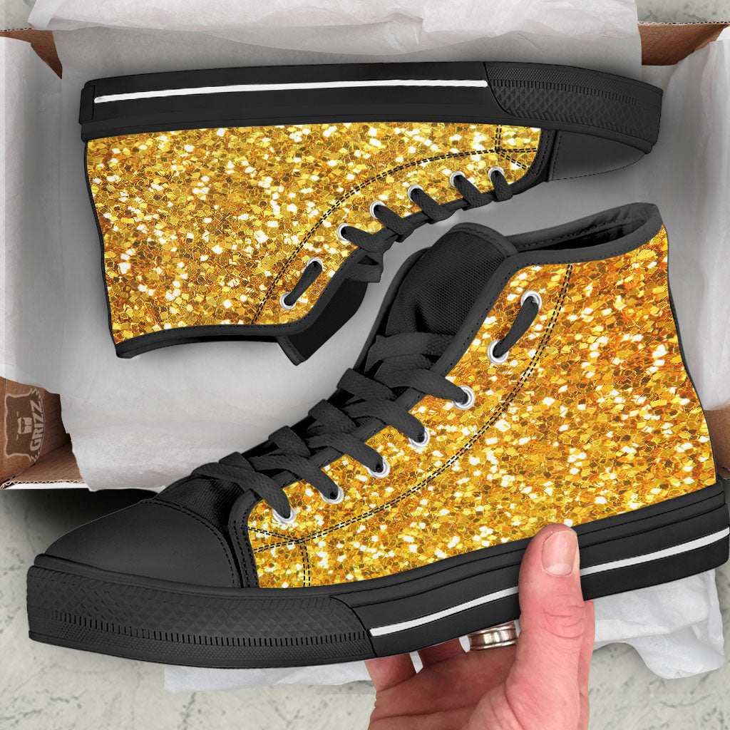 Artwork Glitter Gold Print Black High Top Shoes-grizzshop