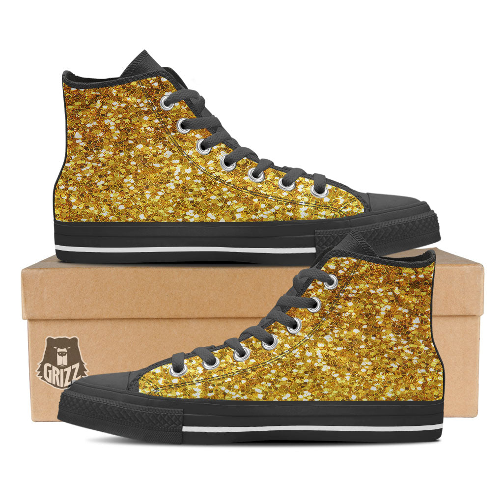 Artwork Glitter Gold Print Black High Top Shoes-grizzshop