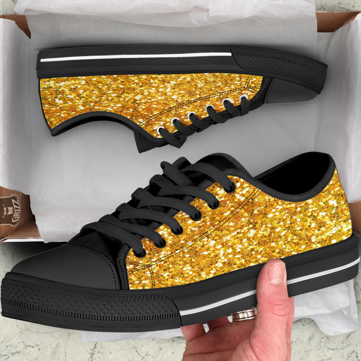 Artwork Glitter Gold Print Black Low Top Shoes-grizzshop