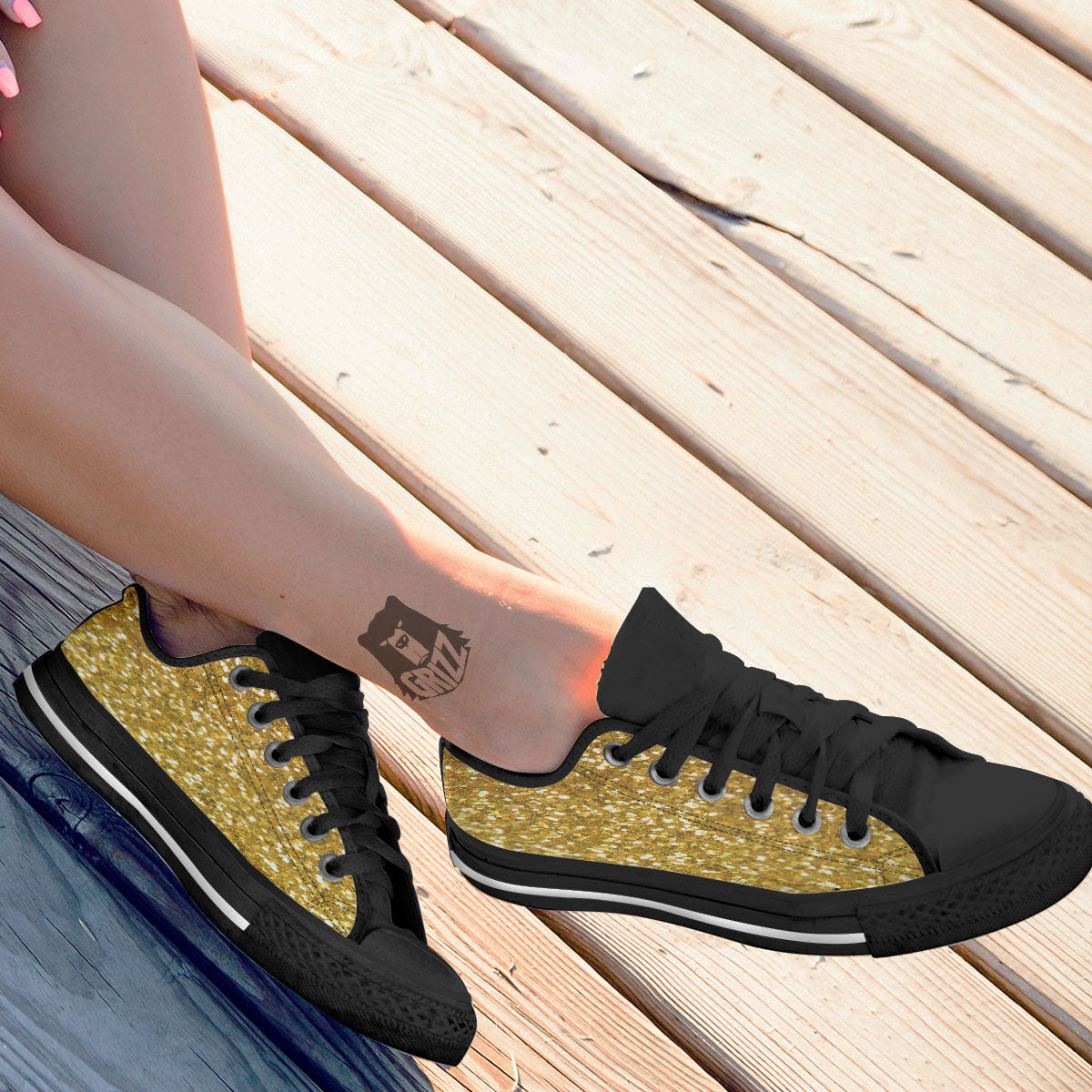 Artwork Glitter Gold Print Black Low Top Shoes-grizzshop