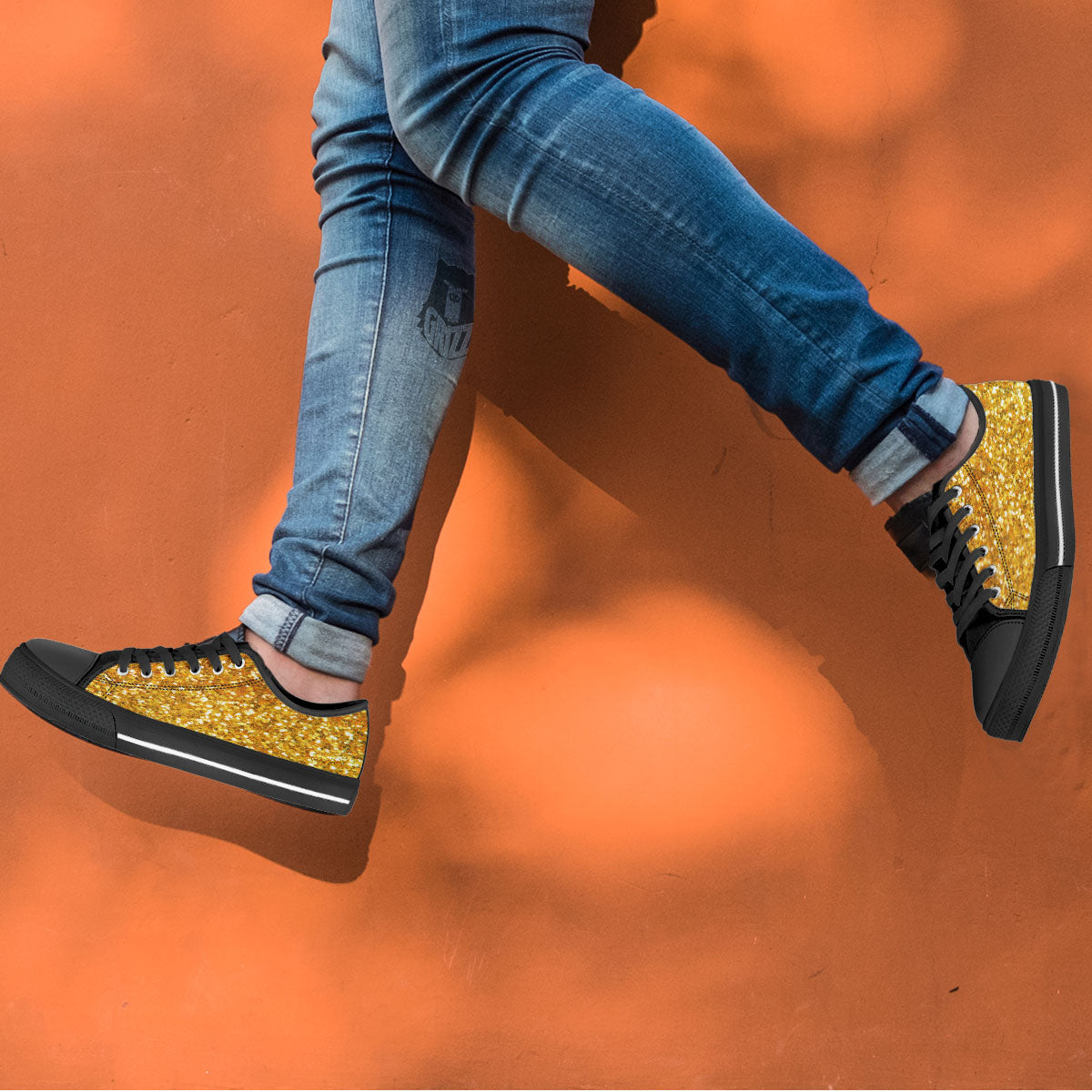 Artwork Glitter Gold Print Black Low Top Shoes-grizzshop