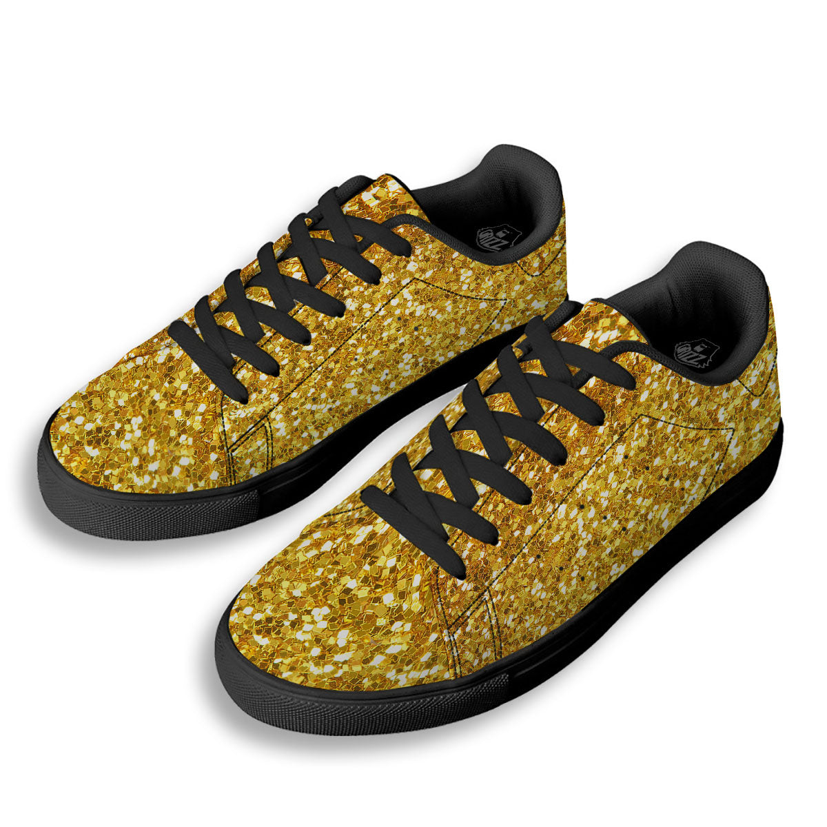 Artwork Glitter Gold Print Black Low Top Sneakers-grizzshop