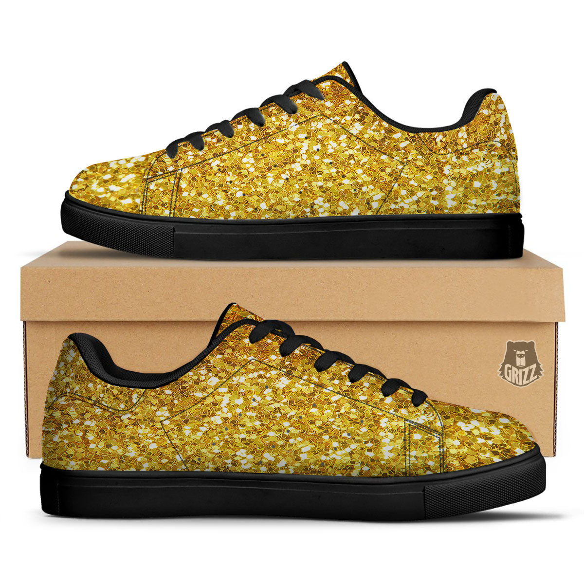 Artwork Glitter Gold Print Black Low Top Sneakers-grizzshop