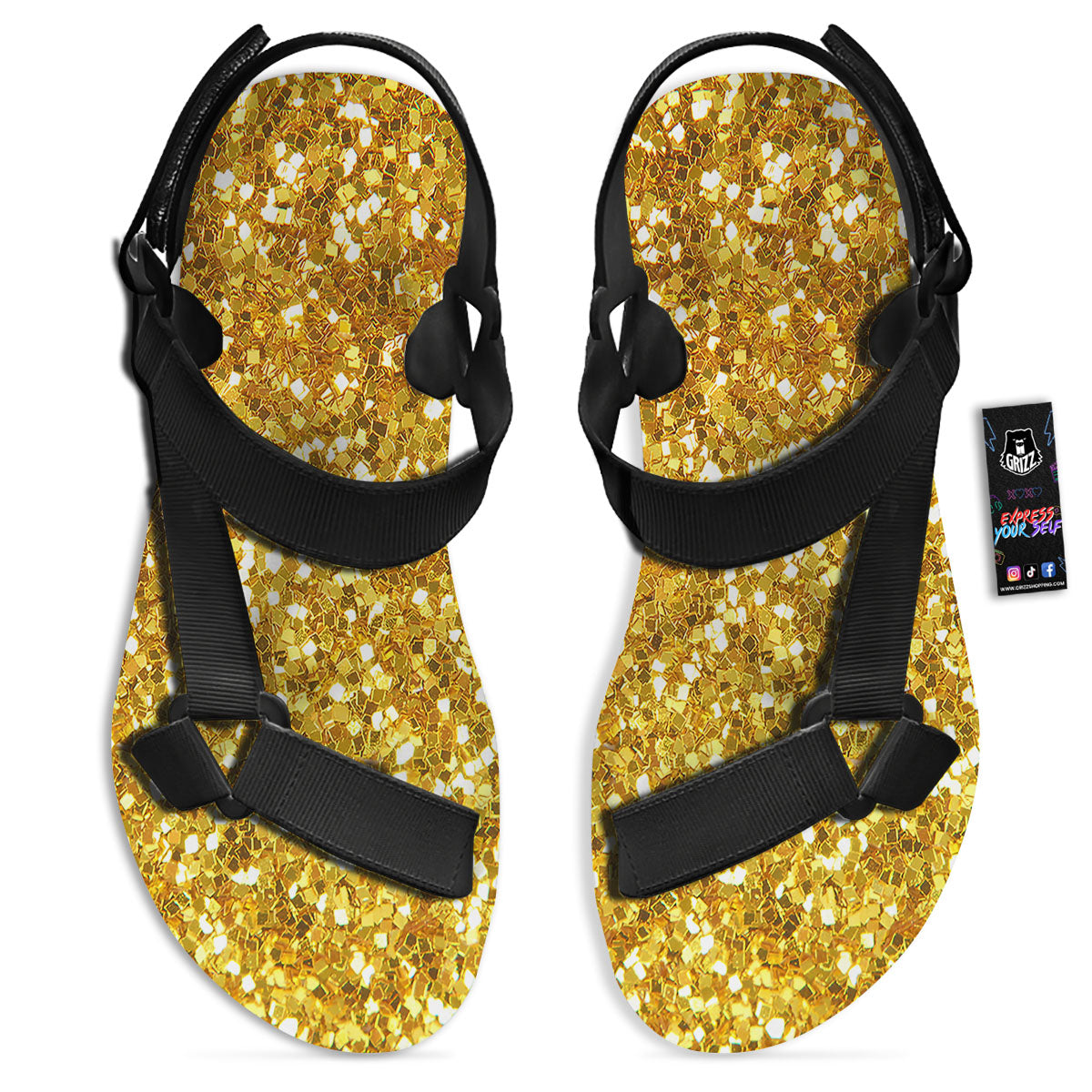 Artwork Glitter Gold Print Black Open Toe Sandals-grizzshop