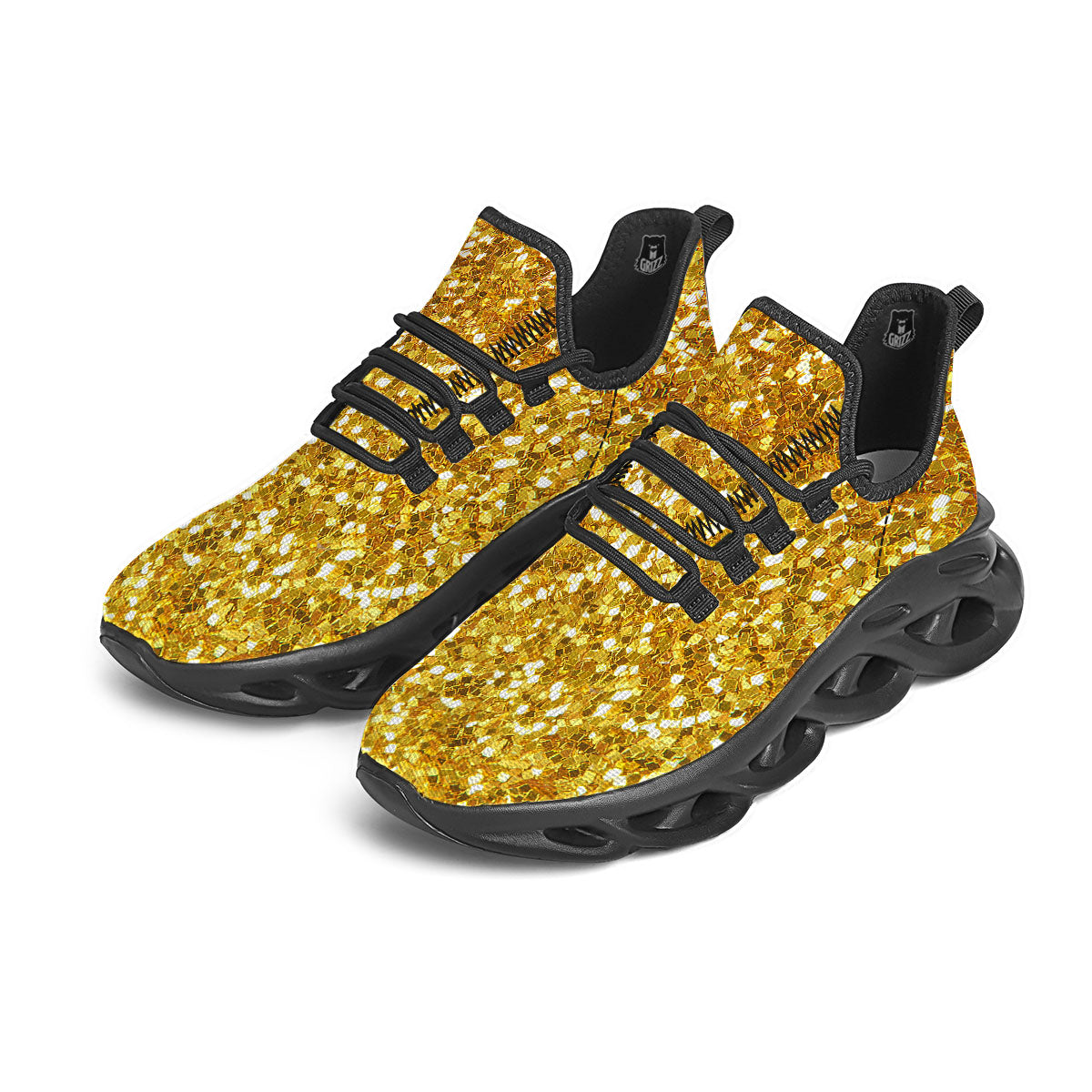 Artwork Glitter Gold Print Black Running Shoes-grizzshop