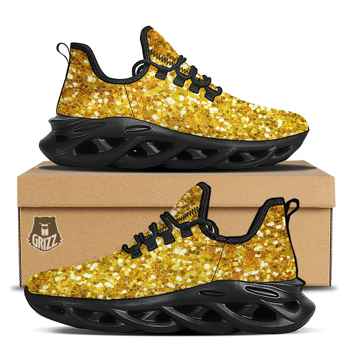 Artwork Glitter Gold Print Black Running Shoes-grizzshop