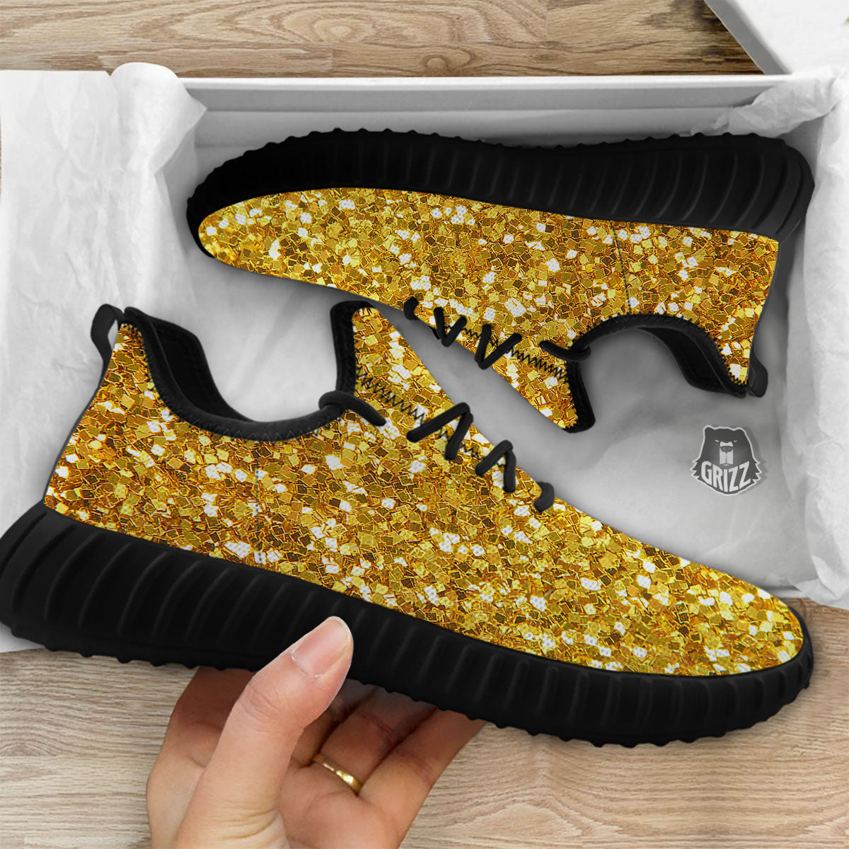 Artwork Glitter Gold Print Black Walking Shoes-grizzshop