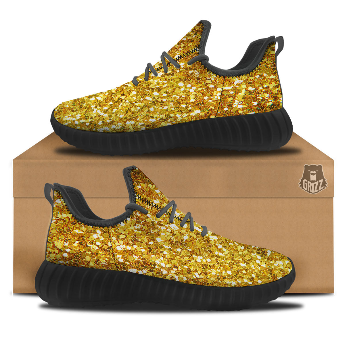 Artwork Glitter Gold Print Black Walking Shoes-grizzshop