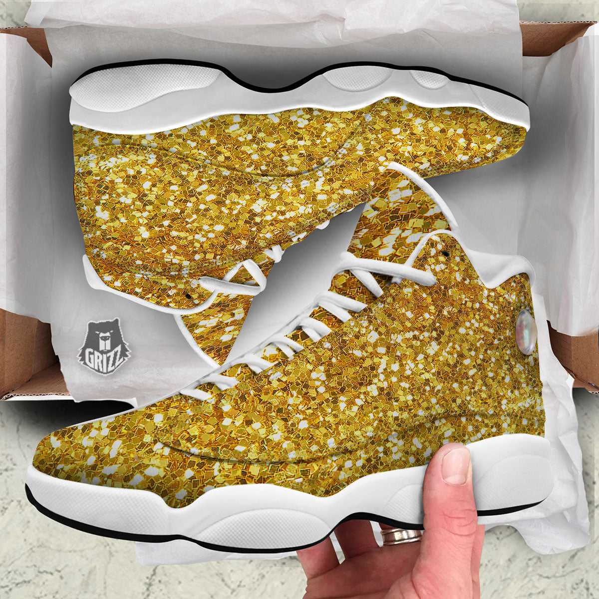Artwork Glitter Gold Print White Basketball Shoes-grizzshop