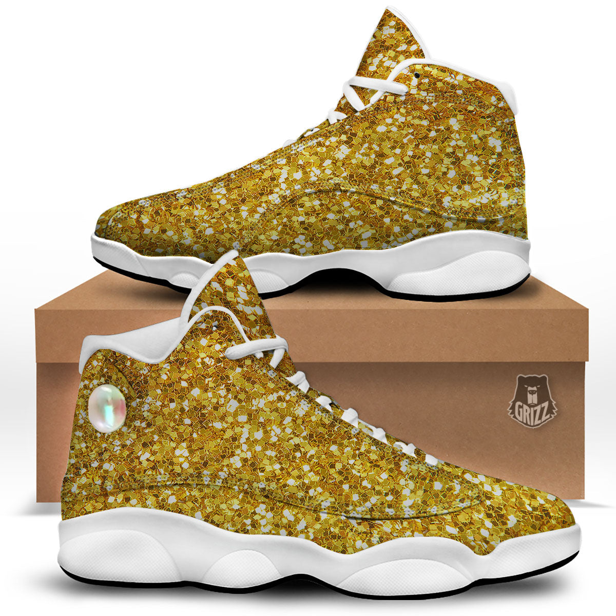 Artwork Glitter Gold Print White Basketball Shoes-grizzshop
