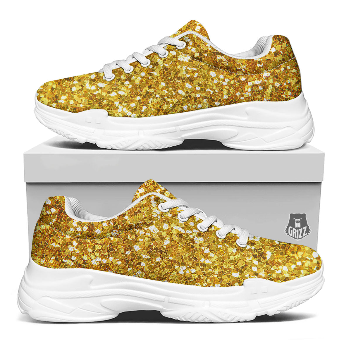 Artwork Glitter Gold Print White Chunky Shoes-grizzshop